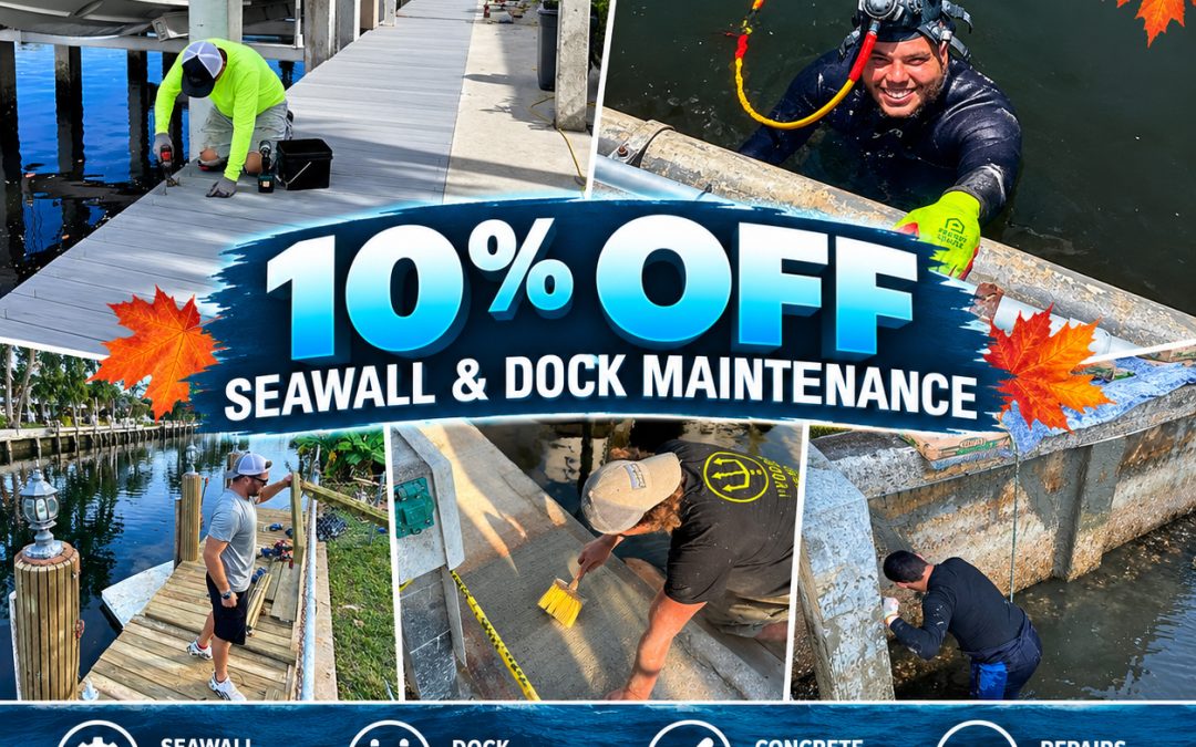 Hydros Marine Construction fall sale offering 10% off seawall and dock maintenance in South Florida, featuring dock repairs, seawall restoration, and marine construction services in Broward, Miami-Dade, and Palm Beach counties.