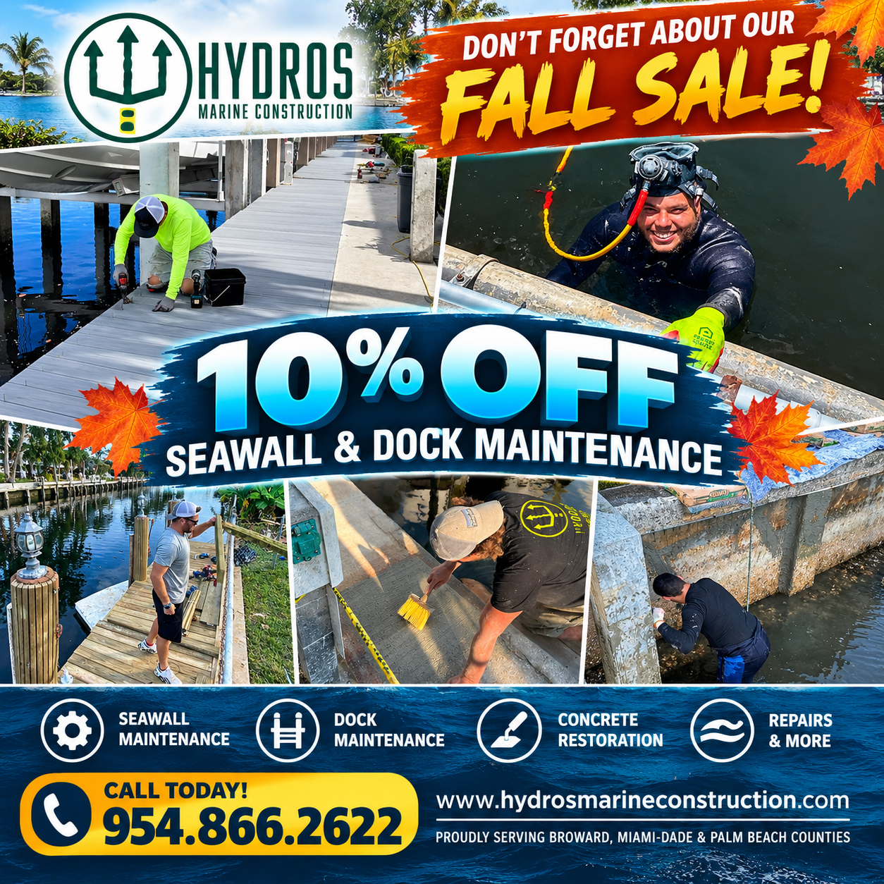 Hydros Marine Construction fall sale offering 10% off seawall and dock maintenance in South Florida, featuring dock repairs, seawall restoration, and marine construction services in Broward, Miami-Dade, and Palm Beach counties.