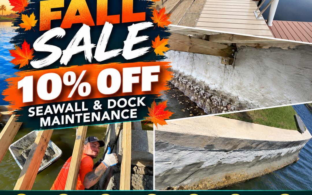Hydros Marine Construction Fall Sale offering 10% off seawall and dock maintenance, featuring seawall restoration, dock maintenance, and marine construction projects in South Florida.