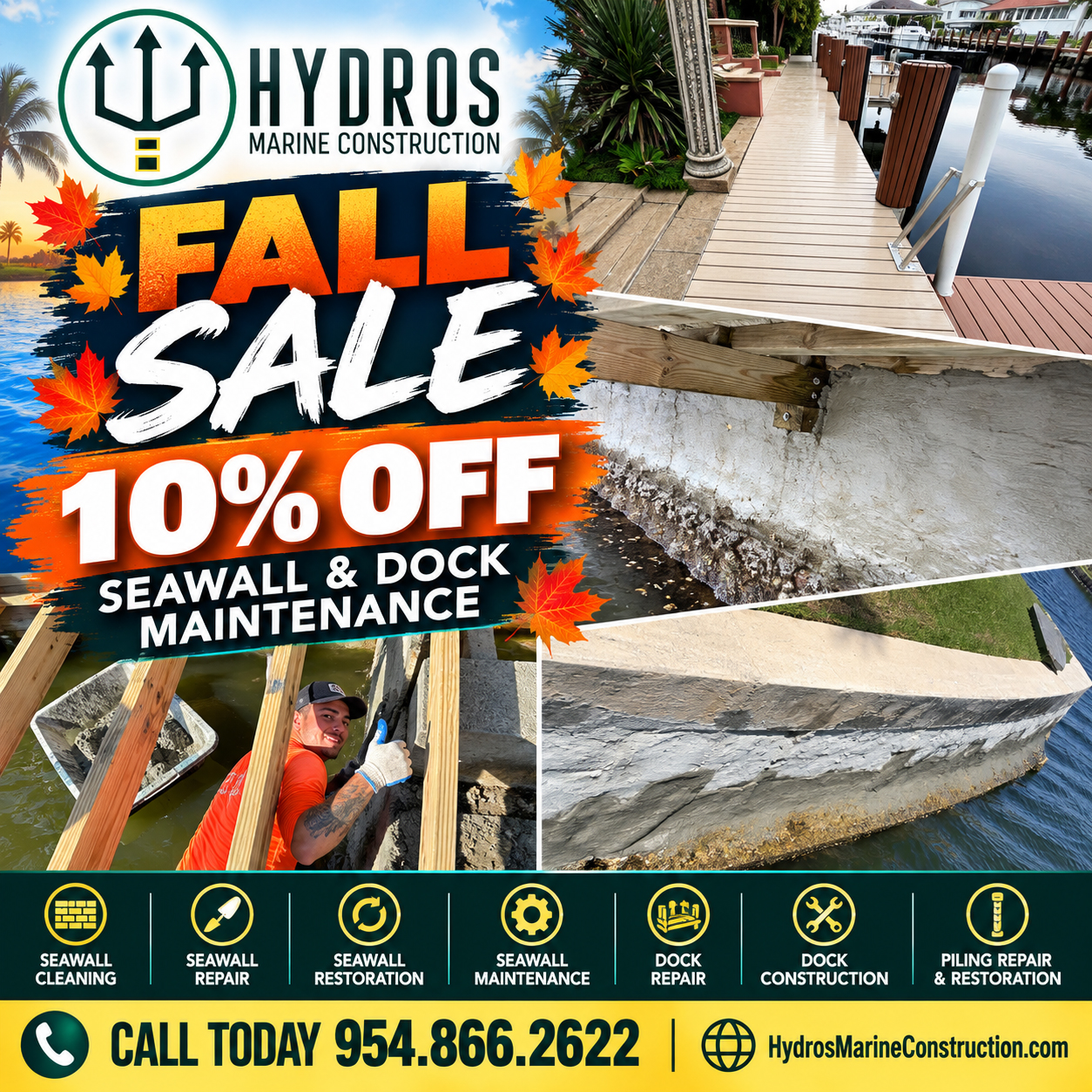 Hydros Marine Construction Fall Sale offering 10% off seawall and dock maintenance, featuring seawall restoration, dock maintenance, and marine construction projects in South Florida.